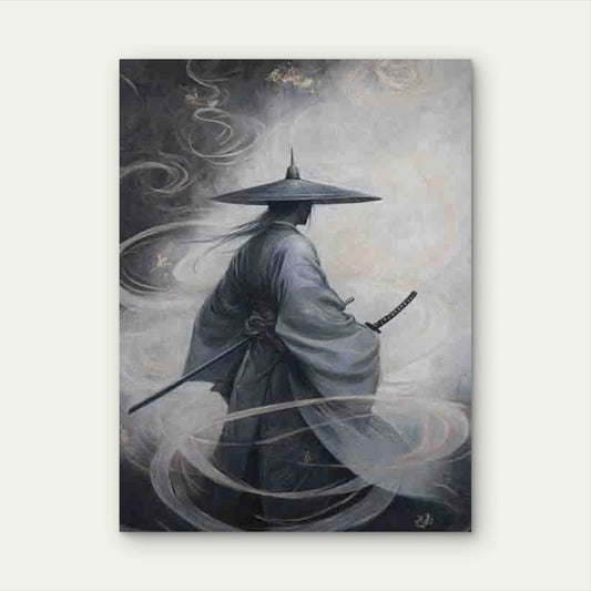 Elegant Samurai in Hat Serene Swirling Design 40x60cm Metal Print Ready to Hang