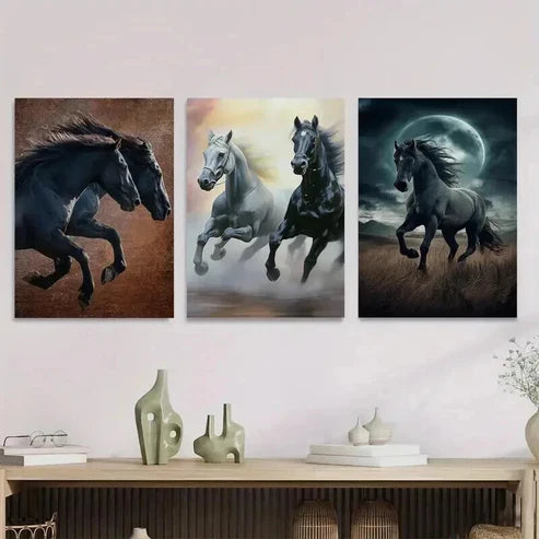 3pcs Galloping Horses Modern Black Wall Art Set Canvas Unframed - High Quality Print 100% Australian Made Wall Canvas - Bella Home Decor