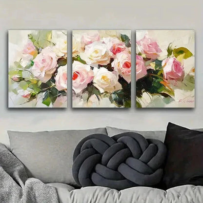 3pcs Rose Oil Painting Beauty Light Perfect Wall Art Set Canvas Unframed - High Quality Print 100% Australian Made Wall Canvas