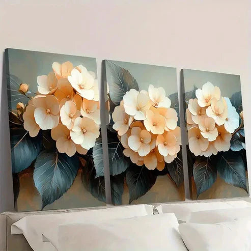 3pcs Hydrangea Neutral Beige Botanical J Wall Art Set Canvas Unframed - High Quality Print 100% Australian Made Wall Canvas
