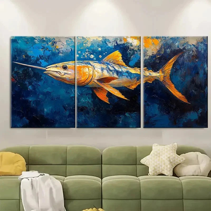 3pcs Swordfish Painting Sea Animals RO  Wall Art Set Canvas Framed 50x70cm - High Quality Print 100% Australian Made Wall Canvas Ready to Hang