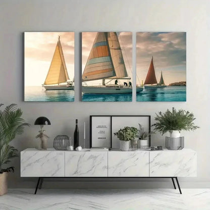 3pcs Sailboat Seascape Impressionist    Wall Art Set Canvas Framed 40x60cm - High Quality Print 100% Australian Made Wall Canvas Ready to Hang