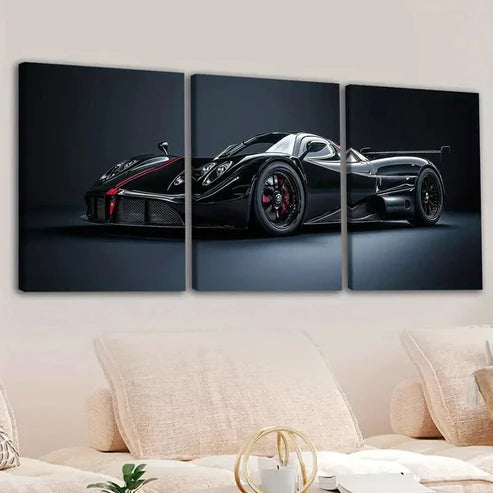 3pcs Abstract Black Cool Sports Car Racing Car Wall Art Set Canvas Unframed - High Quality Print 100% Australian Made Wall Canvas - Bella Home Decor
