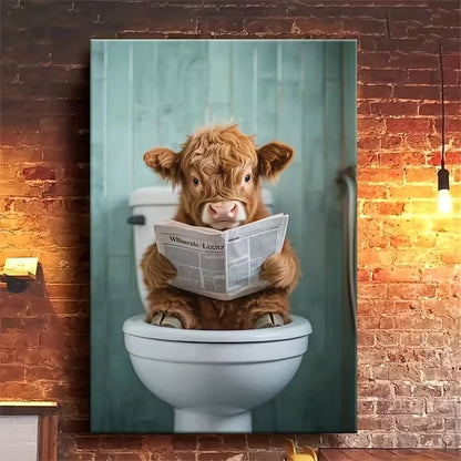 Whimsical Calf Reading on Toilet Metal Print Ready to Hang