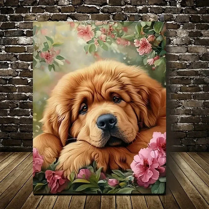 Cute Golden Retriever Puppy with Vibrant Painting 40x60cm Metal Print Ready to Hang - Bella Home Decor