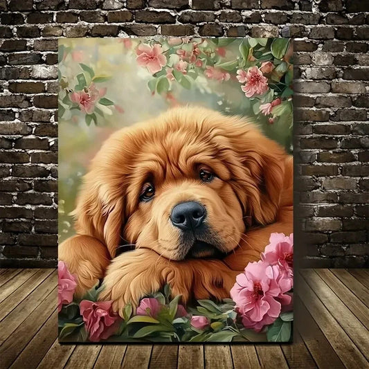 Cute Golden Retriever Puppy with Vibrant Painting 40x60cm Metal Print Ready to Hang - Bella Home Decor