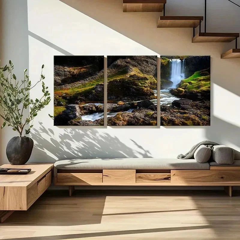 3pcs Creek Mountains and Waterfall Wall Art Set Canvas Framed 50x70cm - High Quality Print 100% Australian Made Wall Canvas Ready to Hang - Bella Home Decor