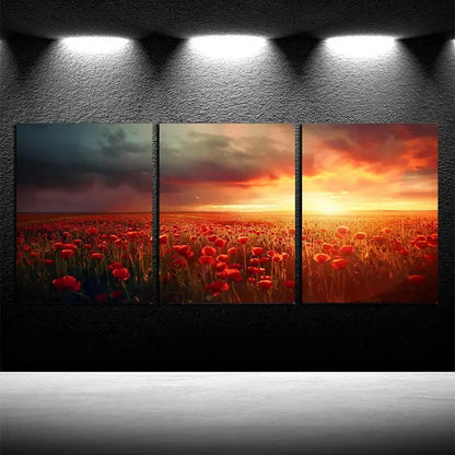 3pcs Vibrant Flower Fields and Sunset Sky Metal Print Ready to Hang Art - Bella Home Decor