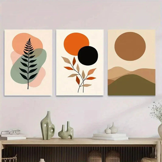 3pcs Modern Abstract Botanical Leaf Black Orange Metal Print Ready to Hang Art
