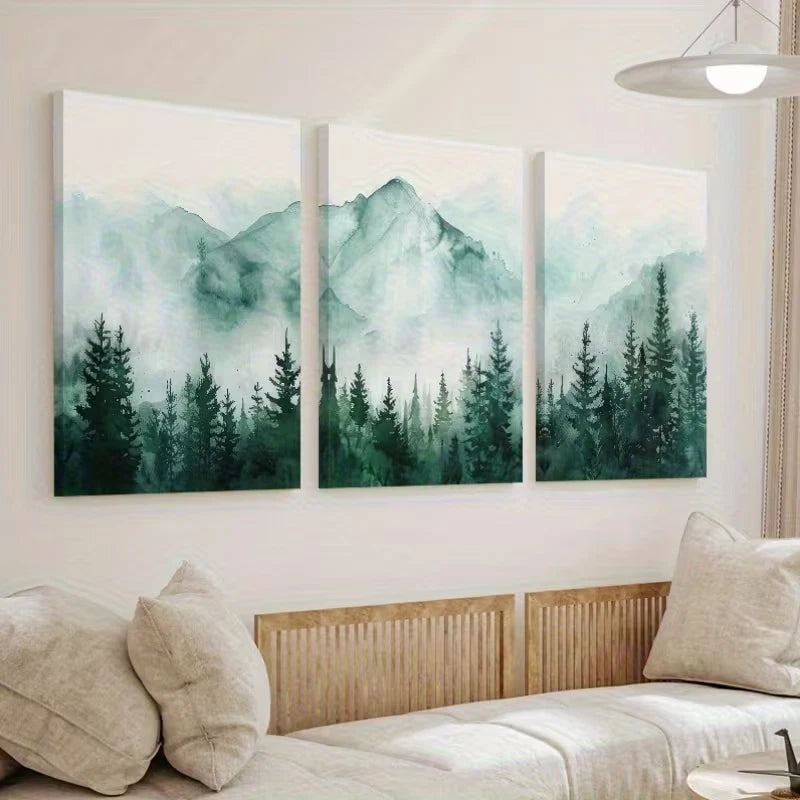3pcs Mountains Landscape with Fog Forest Wall Art Set Canvas Framed 50x70cm - High Quality Print 100% Australian Made Wall Canvas Ready to Hang