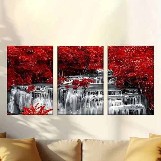 3pcs Waterfall with Red Leaves And Water Wall Art Set Canvas Framed 60x90cm - High Quality Print 100% Australian Made Wall Canvas Ready to Hang