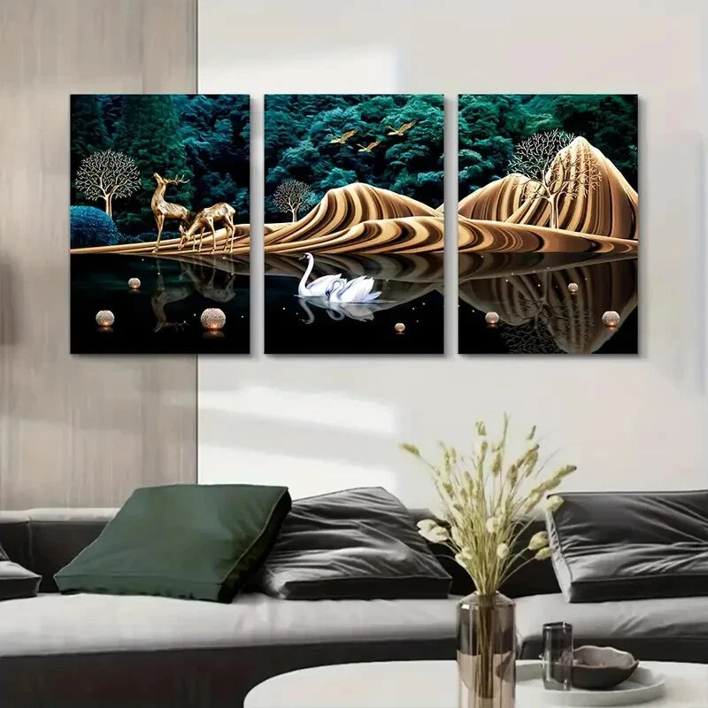 3pcs White Swan in Water Abstract Botanical Metal Print Ready to Hang Art