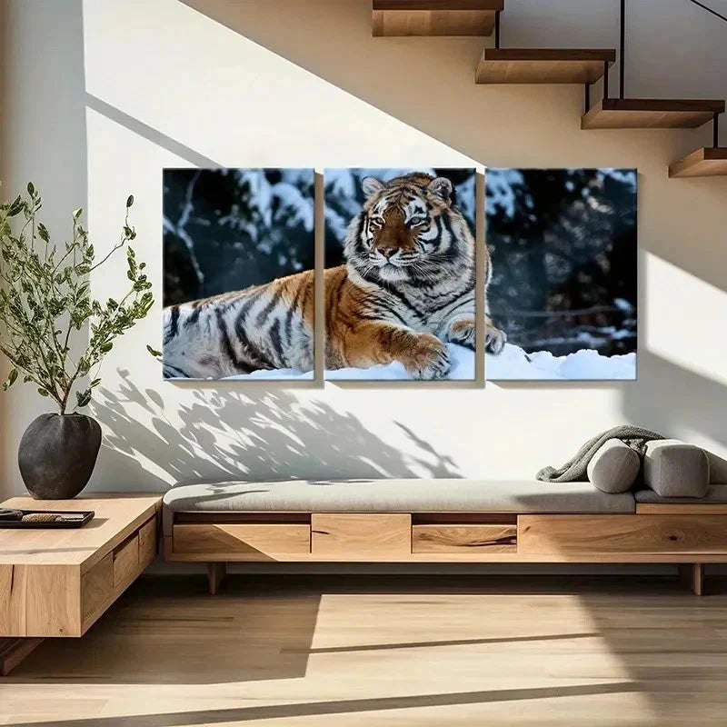 3pcs Tiger in Snow Surface Modern Wall Art Set Canvas Framed 50x70cm - High Quality Print 100% Australian Made Wall Canvas Ready to Hang