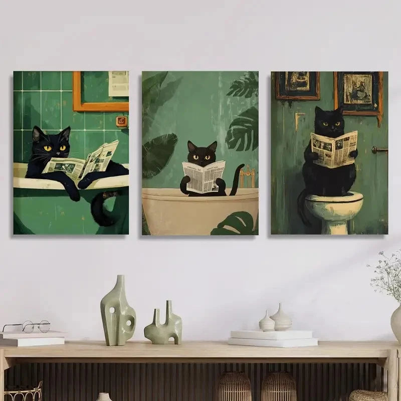 3pcs Bathroom Scenes with Newspaper Reading Cats Metal Print Ready to Hang Art - Bella Home Decor