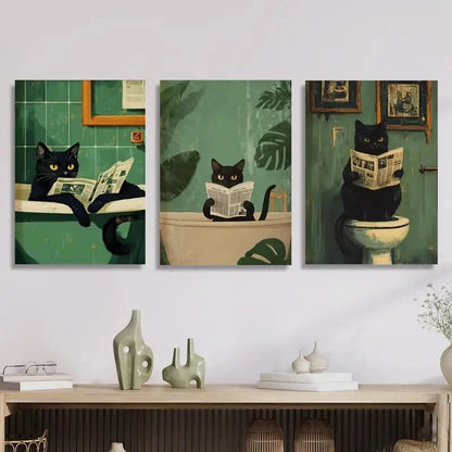 3pcs Bathroom Scenes with Newspaper Reading Cats Metal Print Ready to Hang Art - Bella Home Decor
