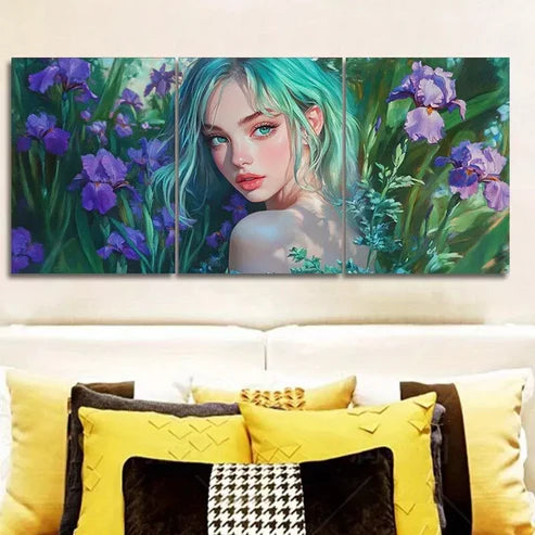 3pcs Purple Flowers Lady with Green Eyes Wall Art Set Canvas Unframed - High Quality Print 100% Australian Made Wall Canvas