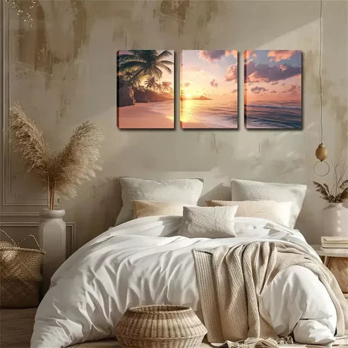 3pcs Coastal Sunset with Coconut Trees Wall Art Canvas Unframed - High Quality Print 100% Australian Made Wall Canvas - Bella Home Decor