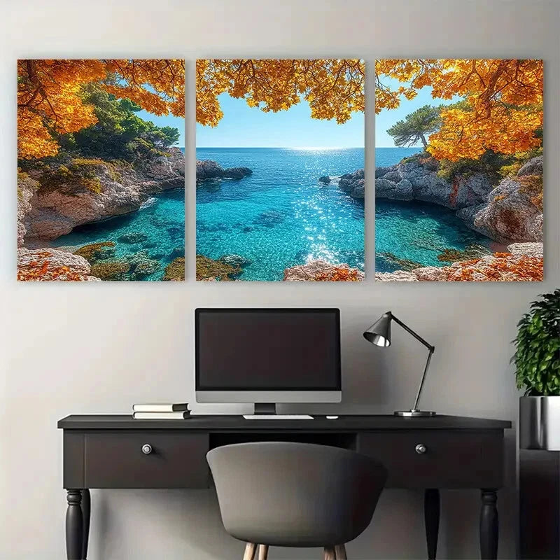 3pcs Sunny Balcony Clear Blue Sea View Metal Print Ready to Hang Art - Bella Home Decor