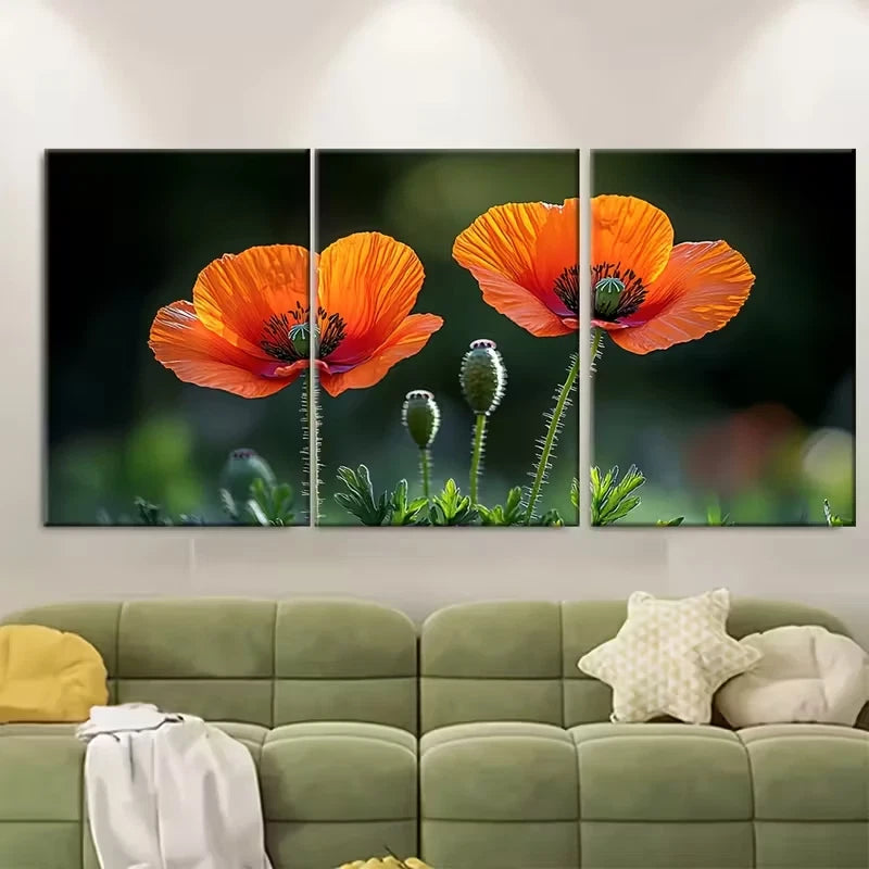 3pcs Vibrant Red Orange Poppy Metal Print Ready to Hang Art