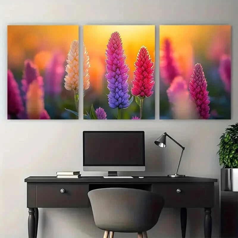 3pcs Vibrant Sunny Field Of Amaranth Flowers Metal Print Ready to Hang Art - Bella Home Decor