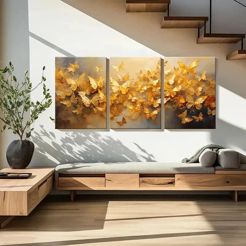 3pcs Abstract Art Gold Foil Butterfly Wall Art Set Canvas Framed 40x60cm - High Quality Print 100% Australian Made Wall Canvas Ready to Hang - Bella Home Decor