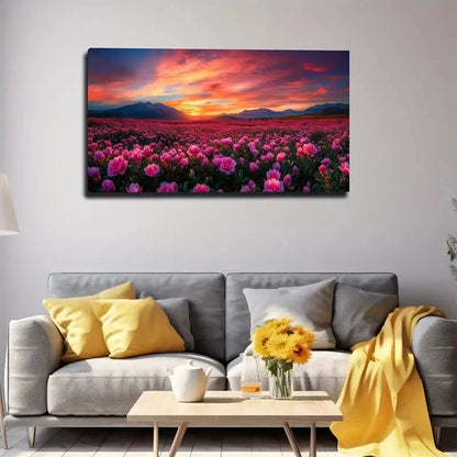 Pink Peony Field Suitable Wall Art canvas office home room framed 120x60cm