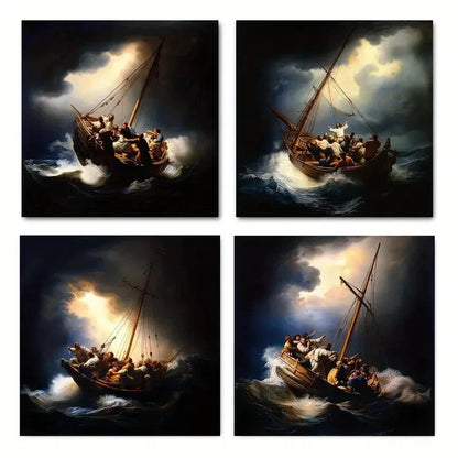 4pcsStorm on the Sea of Galilee Biblical Scene,Wall Art Canvas Framed