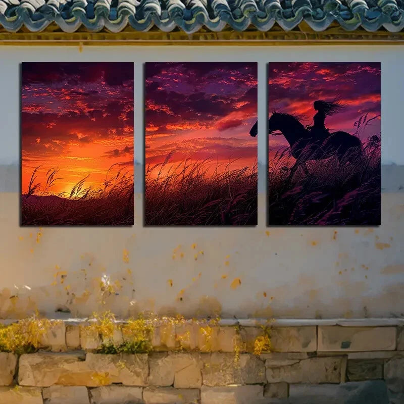 3pcs Horseman Silhouette Sunset Metal Print Ready to Hang Art - Bella Home Decor