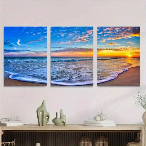 3pcs Beach Sunset Ocean With Dramatic Sky Wall Art Set Canvas Unframed - High Quality Print 100% Australian Made Wall Canvas - Bella Home Decor