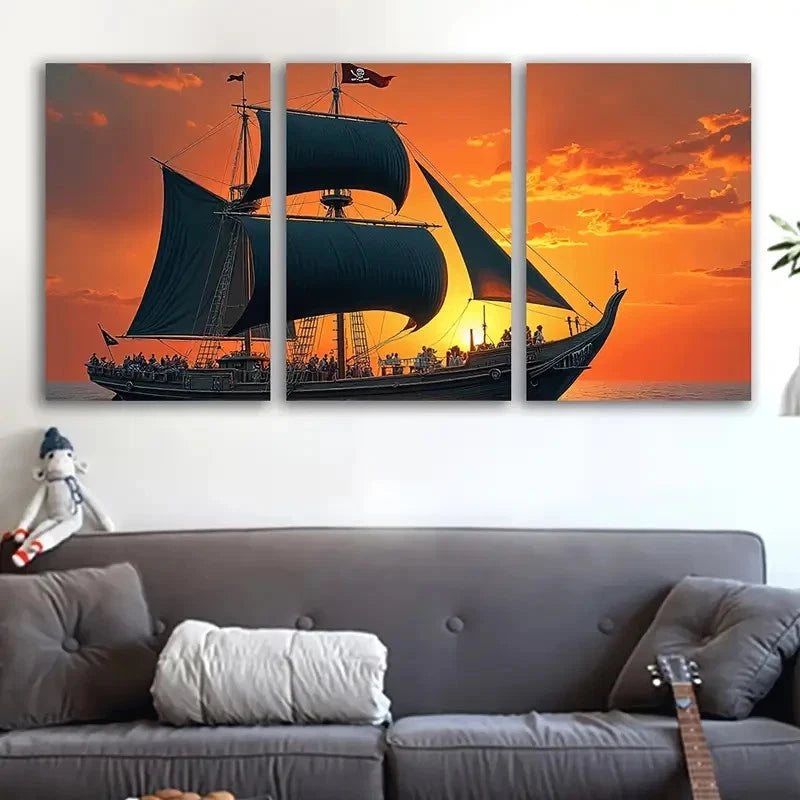 3pcs Pirate Ship at Sea Adventure Scene Wall Art Set Canvas Framed 50x70cm - High Quality Print 100% Australian Made Wall Canvas Ready to Hang