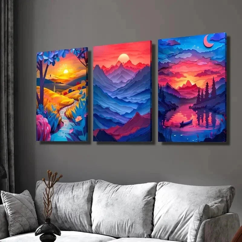 3pcs Rich Valley & Mountain Landscape at Sunset Wall Art Set Canvas Framed 60x90cm - High Quality Print 100% Australian Made Wall Canvas Ready to Hang