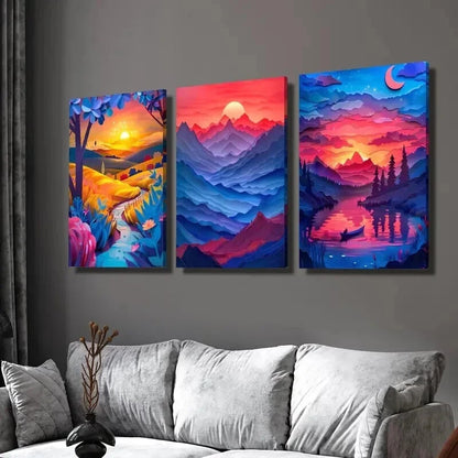 3pcs Rich Valley & Mountain Landscape at Sunset Wall Art Set Canvas Framed 60x90cm - High Quality Print 100% Australian Made Wall Canvas Ready to Hang