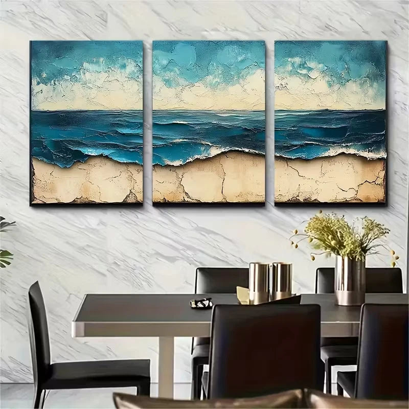 3pcs , Textured Turquoise Beige Abstract Metal Print Ready to Hang Art - Bella Home Decor