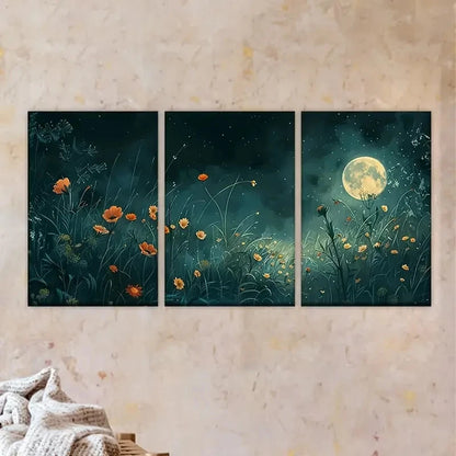 3pcs Enchanting Flowers Illuminated by The Moon Wall Art Set Canvas Framed 50x70cm - High Quality Print 100% Australian Made Wall Canvas Ready to Hang - Bella Home Decor