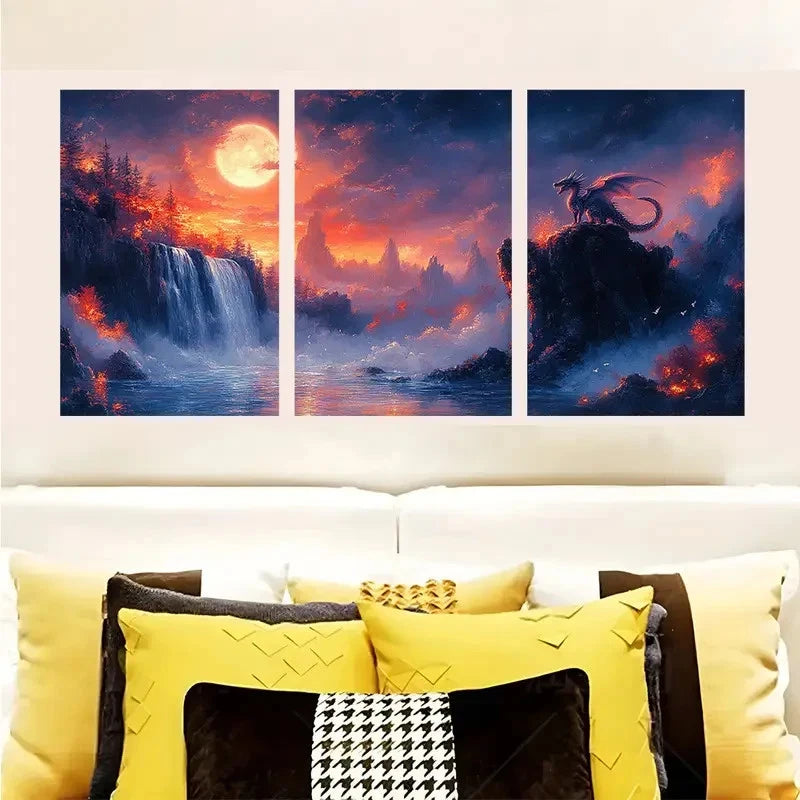 3pcs Dragon Watches Waterfall Under Fiery Moon  Wall Art Set Canvas Framed 60x90cm - High Quality Print 100% Australian Made Wall Canvas Ready to Hang - Bella Home Decor