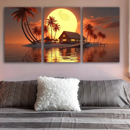 3pcs Tropical Island Sunset Palm Trees Wall Art Set Canvas Framed 60x90cm - High Quality Print 100% Australian Made Wall Canvas Ready to Hang