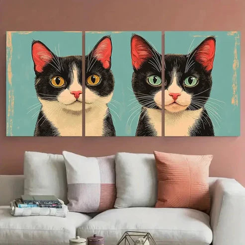 3pcs Retro Style Cat Illustration Wall Art Set Canvas Unframed - High Quality Print 100% Australian Made Wall Canvas