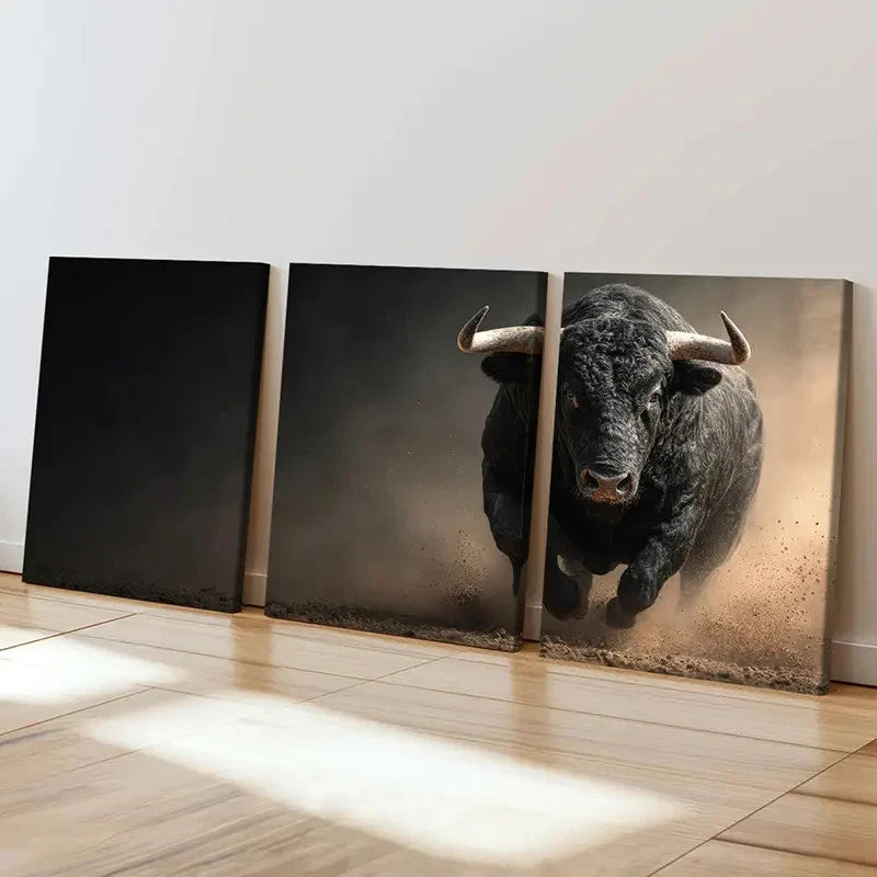 3pcs Black Bull Running Dusty Arena Art   Wall Art Set Canvas Framed 50x70cm - High Quality Print 100% Australian Made Wall Canvas Ready to Hang - Bella Home Decor