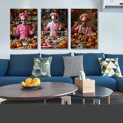 3pcs Whimsical Skeleton Chef Wall Art Set Canvas Unframed - High Quality Print 100% Australian Made Wall Canvas