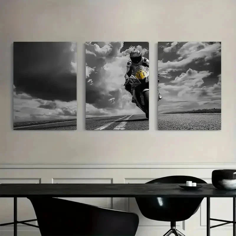 3pcs Black & White Motor Cyclist Art Painting Metal Print Ready to Hang Art - Bella Home Decor
