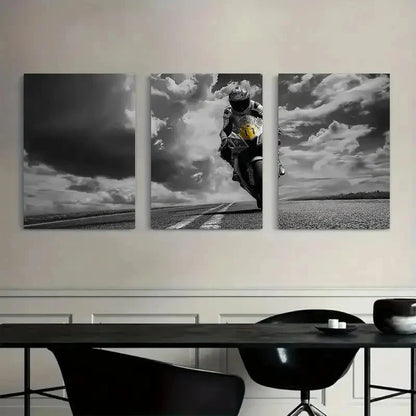 3pcs Black & White Motor Cyclist Art Painting Metal Print Ready to Hang Art - Bella Home Decor
