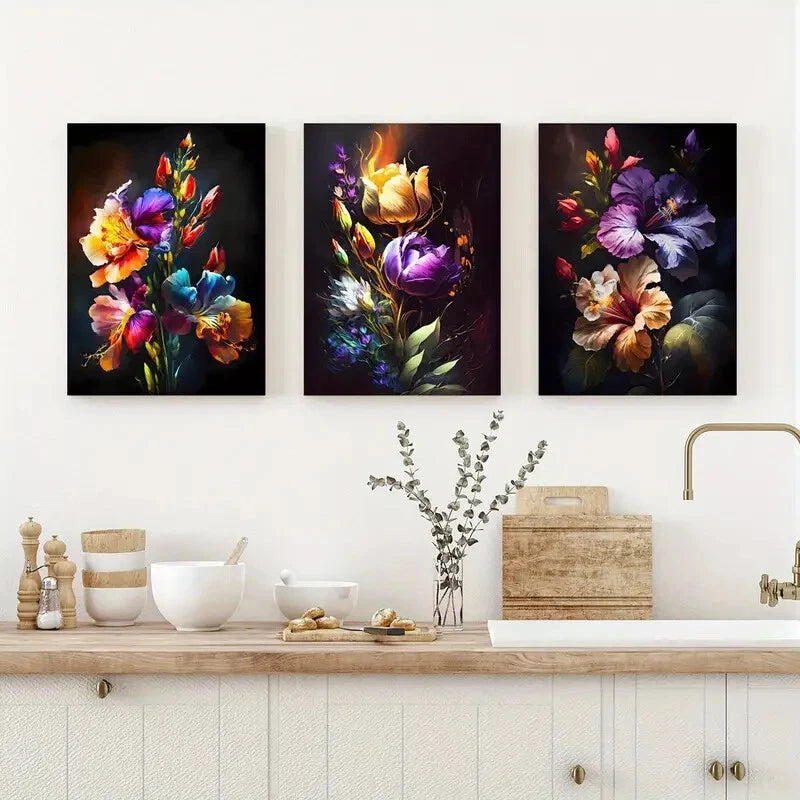 3pcs Colorful Floral Art Print Abstract Poster Metal Print Ready to Hang Art - Bella Home Decor