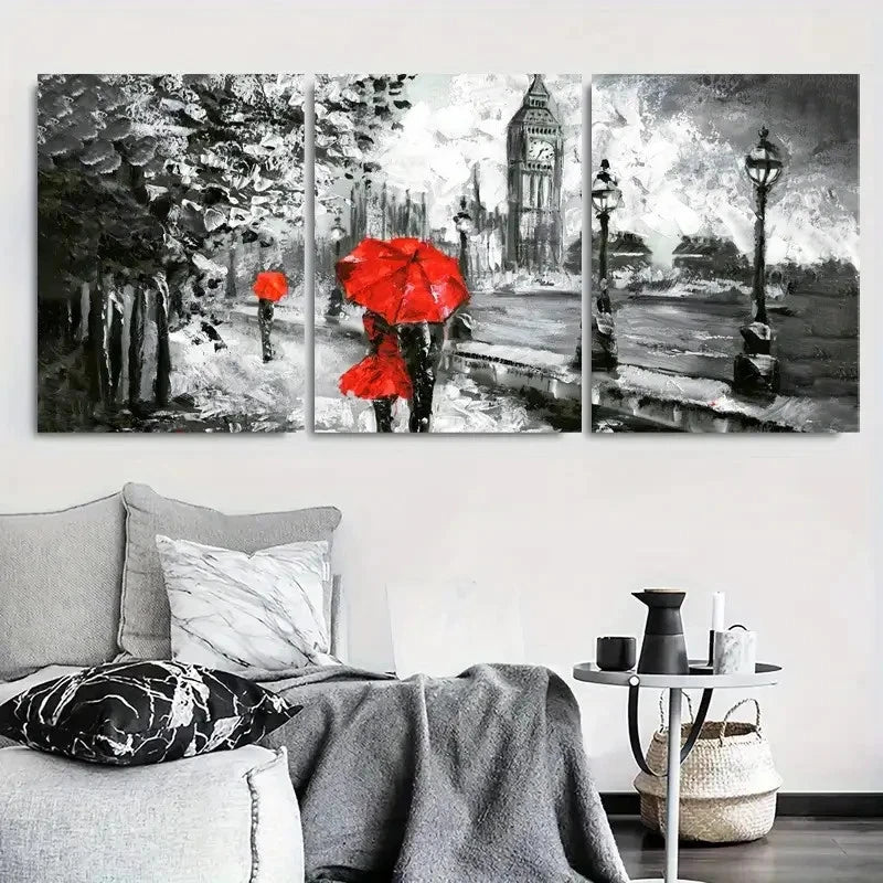 3pcs Black and White Street with Red Umbrellas Metal Print Ready to Hang Art - Bella Home Decor