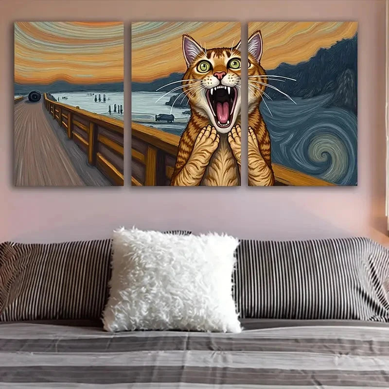 3pcs Cat Portrait with Green Eyes & Van Gogh Metal Print Ready to Hang Art - Bella Home Decor
