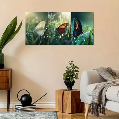 3pcs Vintage Butterfly with Dewy Morning Scenes Metal Print Ready to Hang Art - Bella Home Decor