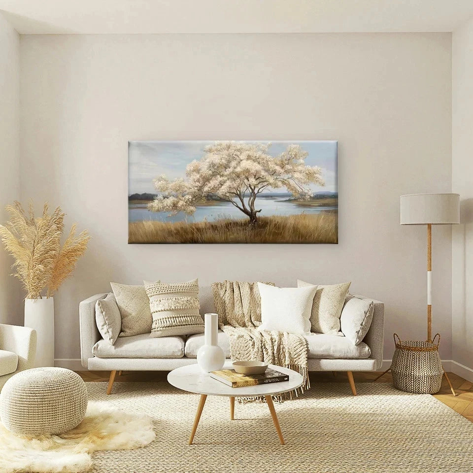 Elegant White Blossoms Tree Wall Art Canvas Office Home Room Framed 120x60cm
