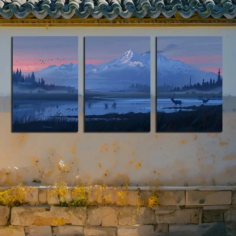 3pcs Majestic Mountain Sunrise & Wildlife Scene Metal Print Ready to Hang Art - Bella Home Decor