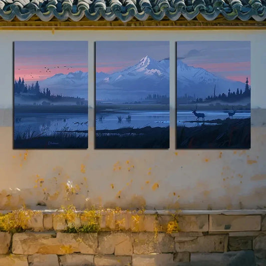 3pcs Majestic Mountain Sunrise & Wildlife Scene Metal Print Ready to Hang Art - Bella Home Decor