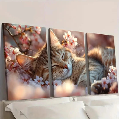 3pcs Sleeping Cat on Cherry Blossom W  Wall Art Set Canvas Framed 60x90cm - High Quality Print 100% Australian Made Wall Canvas Ready to Hang