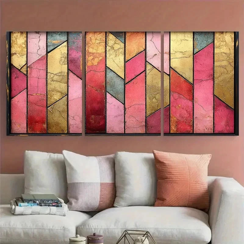 3pcs Pink Golden Marbling Bold Angular Design Metal Print Ready to Hang Art - Bella Home Decor